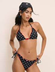 Black Polka Dot Frill Edge Tie Side Bikini Bottom